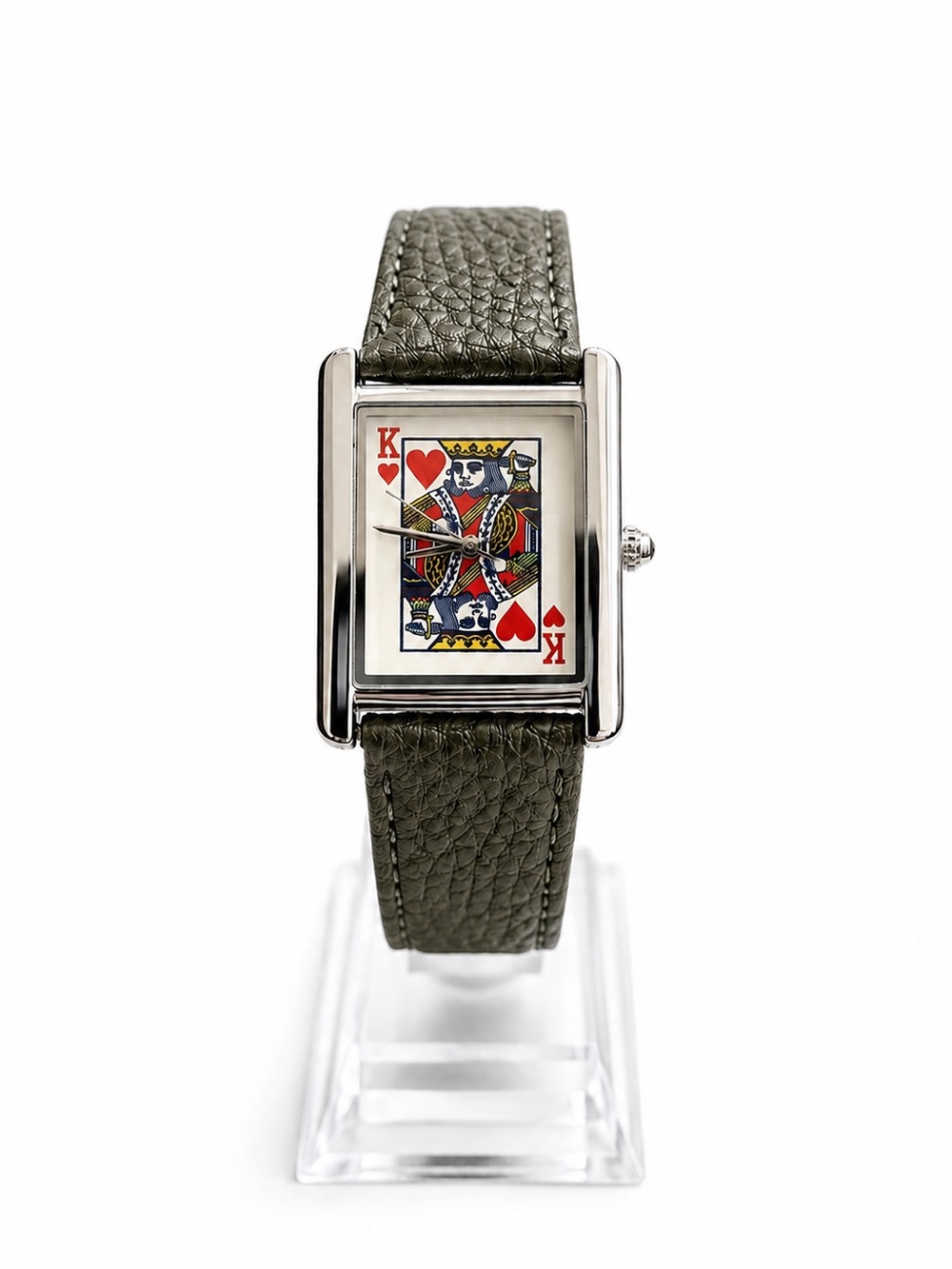 King of Hearts Tank Style Watch Playing Card Olive Green Strap